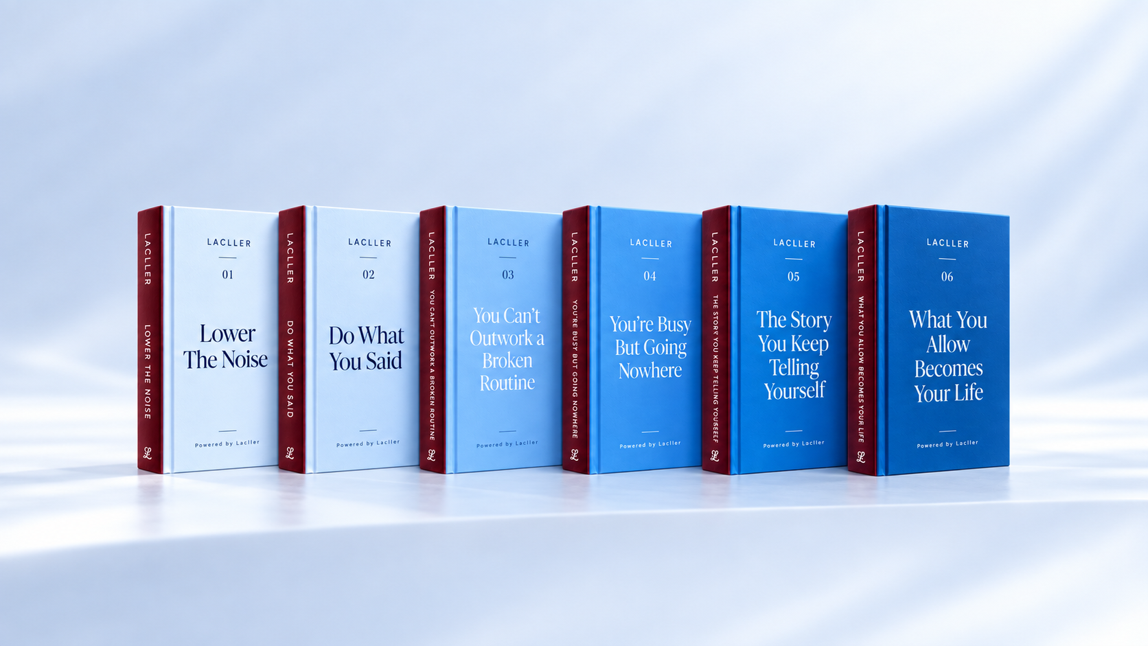The complete Lacller collection: all six digital books standing in order with their front covers facing forward.